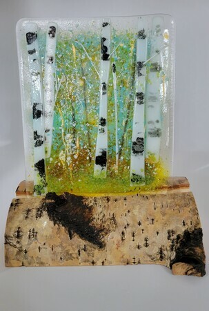 Summer Birches, Fused glass on wood base, 7.5x6" $100.