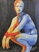 Sharon Marlow Finding Lightness  (orange:blue lady)   16x20 framed, colored pencil   $300